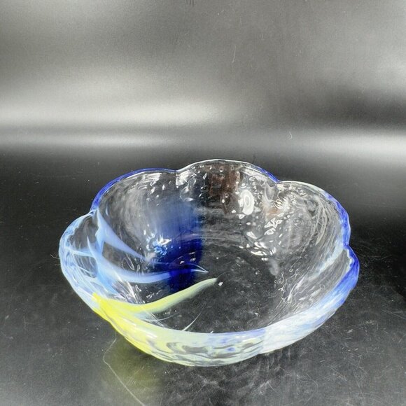 Vintage Aderia Glass Bowl Set 2 Made In Japan Clear Blue Yellow Swirls Ruffled - Picture 7 of 16